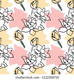 Lotus seamless line art vector pattern with flowers