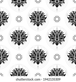 Lotus seamless pattern. Black and white. Good for mural wallpaper, fabric, postcards and printing. Vector