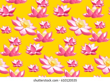 Lotus seamless pattern with flowers on yellow background.