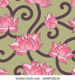  
Lotus seamless pattern. Pink flowers on a ornamental background. Hand-drawn vector illustration. Flower template.
