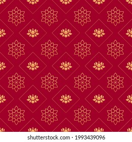 Lotus seamless vector pattern. Chinese floral seamless pattern. Gold decoration elements of lotus flowers on red background. Floral, oriental, japanese, asian vector background. Print texture.