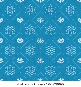 Lotus seamless vector pattern. Chinese floral seamless pattern. White decoration elements of lotus flowers on blue background. Floral, oriental, japanese, asian vector background. Print texture.