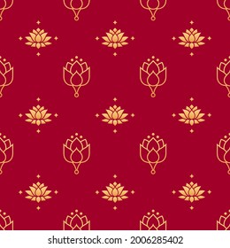 Lotus seamless vector pattern. Chinese floral seamless pattern. Gold decoration elements of lotus flowers on red background. Floral, oriental, japanese, asian vector background. Print texture.