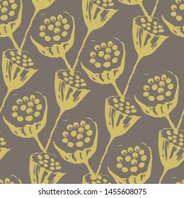 Lotus seeds on grey background, seamless print. Scandinavian style. - Vector graphics