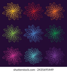 Lotus. Set. Floral graphic scribble design.  Abstract minimal flower. Beautiful floral background. Vector art illustration for textile, wallpaper. Hand-drawn. 