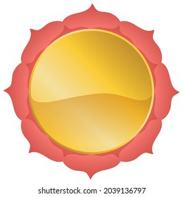 Lotus shape and golden, glossy round button template, over white background.