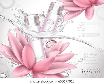 lotus skin toner ad contained in bottles, with extremely clean water and lotus flower elements, white background 3d illustration