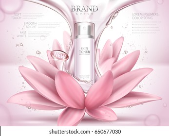 lotus skin toner ad contained in bottle, with glossy fluid and lotus flower elements, pink background 3d illustration