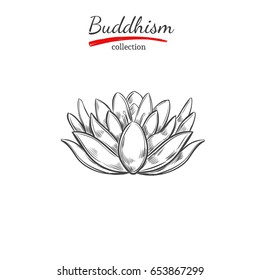 Lotus. Spirituality,Yoga print. Vector hand drawn illustration. Sketch style. Ritual objects with Buddha head