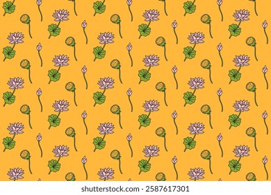 lotus stem, petal, bud, leaves colorful seamless pattern on yellow background. lotus flowers doodle illustration pattern background. lotus stems, petals, buds background for florist merchandise