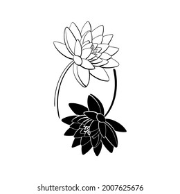 Lotus stylized flower. Yin Yang symbol. Vector illustration in flat and outline style. Hand drawn water graphic lily. Black and white tattoo