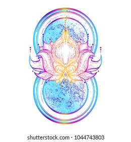 Lotus. The symbol of infinity, the figure eight loop. Meditation. Postcard. Print design for t-shirts, books, covers. Bohemian style. Bohemia tattoo, beautiful. Planets, space. Vector illustration.