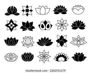 Lotus-Symbol. Mandala Blume, Wasserlilienblüte und Meditation oder Yoga-Symbol-Vektorset von lotus blblblume aroma esoterische