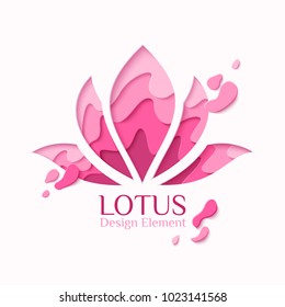 Lotus symbol paper art concept logo. Vector yoga logotype in origami paper cut style