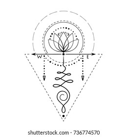 Lotus tattoo with compass arrows hand drawn isolated vector ornament, Unalome sacred geometry symbol of wisdom and enlightenment