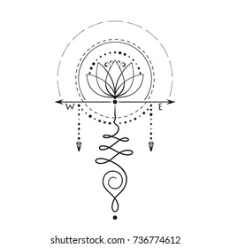 Lotus tattoo with compass arrows hand drawn isolated vector ornament, Unalome sacred geometry symbol of wisdom and enlightenment