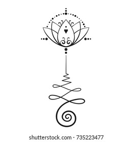 Lotus tattoo hand drawn isolated vector ornament, Unalome sacred geometry symbol of wisdom and enlightenment 