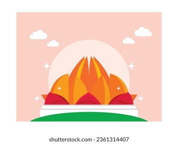Lotus temple architecture for place of worship, famous landmark India building. Character design. Vector data illustration
