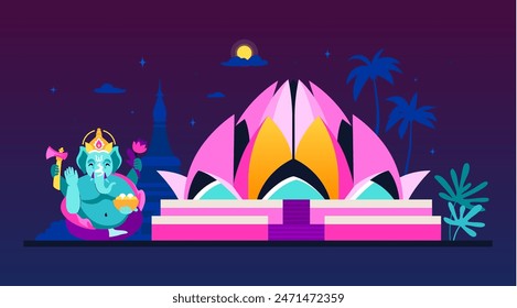 Templo del Loto y Ganesha - Ilustración vectorial moderna de colores con composición nocturna india con una deidad cabeza de elefante y un interesante monumento arquitectónico en forma de flor oriental