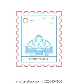 LOTUS TEMPLE postage stamp Blue and red Line Style, vector illustration