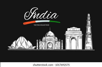 Lotus temple. Taj Mahal. Gate of India. Kutb-Minar. The Heritage of India. Vector hand drawn illustration. Sketch style. Concept. Template