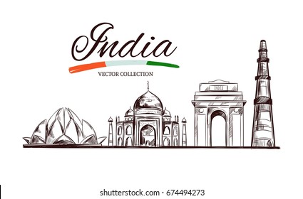 Lotus temple. Taj Mahal. Gate of India. Kutb-Minar. The Heritage of India. Vector hand drawn illustration. Sketch style. Concept. Template