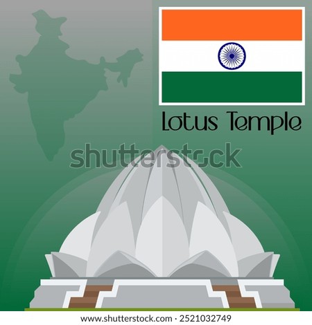 Lotus Temple Vector Illustration Clipart, World Famous Places Art, Popular Tourist Architectural Monument in Indian, India Map and Flag Vector Art
