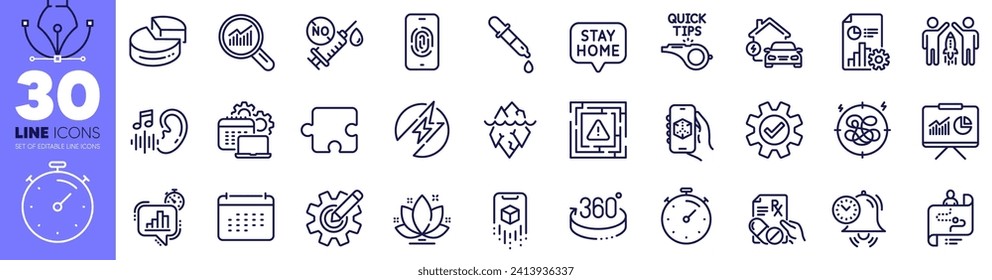Lotus, Time management and Home charging line icons pack. Calendar, Chemistry pipette, Puzzle web icon. Maze attention, Data analysis, Stress pictogram. Software, Report, Partnership. Vector