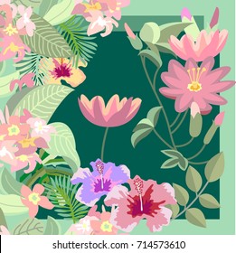 Lotus tropical garden. Silk scarf with flowers and leaves on dark green background. Vintage textile collection.