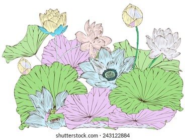 Lotus vector drawing for background and text,abstract lotus symbols.illustration EPS 8,hand drawn,greeting card with lotus flower