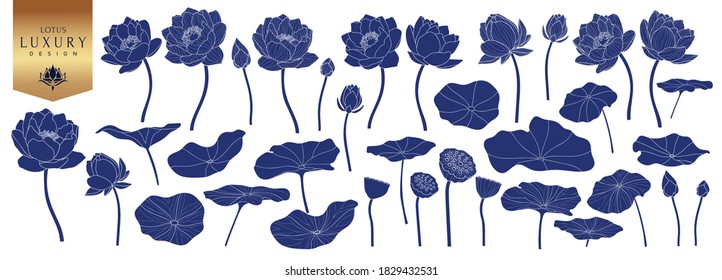 Lotus Vector element. Blue lotus line arts design for packaging template, pattern design element, vintage background, luxury logo, beauty and cosmetic wallpaper vector illustration.