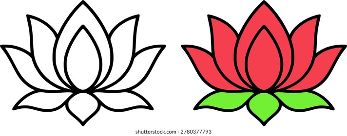 Lotus vector icon illustration, in line art and colored design, for flower themed coloring pages