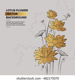 Lotus vector Illustration. Lotus flowers and leaves in golden color. Concept for boutique, jewelry, beauty salon, spa, fashion, invitation, banner design.