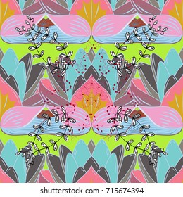 Lotus. Vector illustration. Tropical seamless floral pattern. Flowers on pink, blue and gray background.