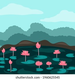 Lotusvektor, rosafarbener Lotus, mit Lotusblatt im Teich und Gras, Himmel und Wolken.Lotus-Hintergrund.