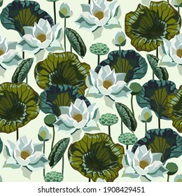 Lotus vector seamless pattern. Large white flowers and green leaves on ivory, cream color background. Square design for fabric, wallpaper, wrapping paper, invitation card.