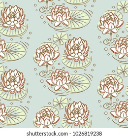 Lotus vector seamless pattern. Pastel blue floral pond background.