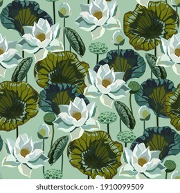 Lotus vector seamless pattern. White flowers and green leaves on light blue color background. Square design for fabric, wallpaper, wrapping paper, invitation card.