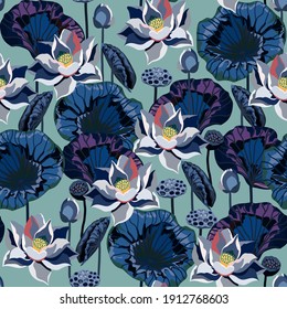 Lotus vector seamless pattern. White flowers and dark leaves on light blue color background. Square design for fabric, wallpaper, wrapping paper, invitation card.