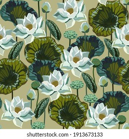 Lotus vector seamless pattern. White flowers and green leaves on beige color background. Square design for fabric, wallpaper, wrapping paper, invitation card.