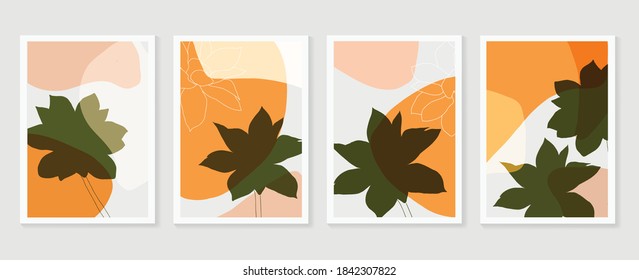 Conjunto de vectores de arte de pared de Lotus. Tono de la Tierra dibujo de líneas de follaje boho con forma abstracta.  Resumen Diseño de arte vegetal para la impresión, cubierta, papel pintado, arte de pared mínimo y natural.
