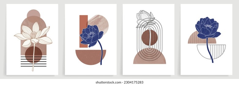 Lotus wall art vector set. Earth tone boho foliage line art drawing with abstract shape. Abstract Plant Art design for print, cover, wallpaper, Minimal and natural wall art. 