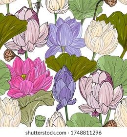 Lotus or water lilies seamless pattern. Elegant tropical floral background. For packaging, print, fabric, wallpaper, invitations.