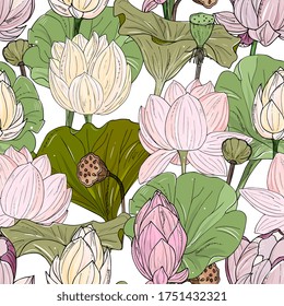 Lotus or water lilies seamless pattern. Elegant tropical floral background. For packaging, print, fabric, wallpaper, invitations.
