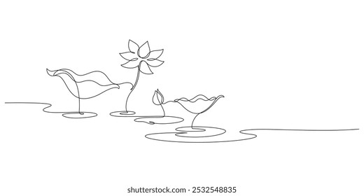 Lotus Seerosenblüte und Laub Naturteich malerisch eine Linie Zeichnung kontinuierliche minimalistische Kunst