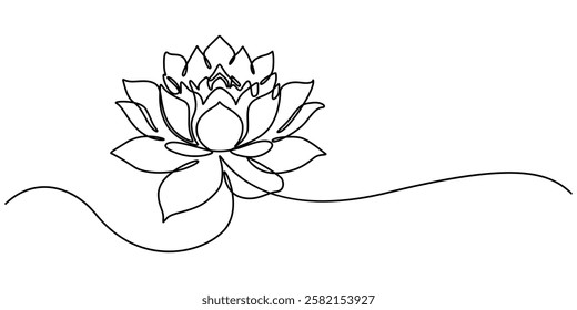 Lotus Water Lily Continuous Line Illustration, Lotus flower in single continuous line drawing style for logo or emblem. Water lily outline vector illustration for yoga studio, spa, zen center, minimal