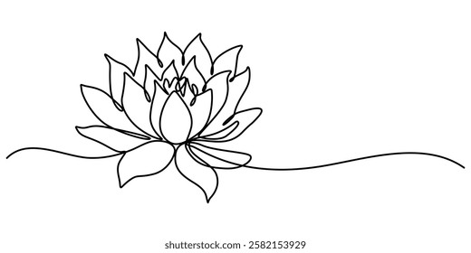 Lotus Water Lily Continuous Line Illustration, Lotus flower in single continuous line drawing style for logo or emblem. Water lily outline vector illustration for yoga studio, spa, zen center, minimal