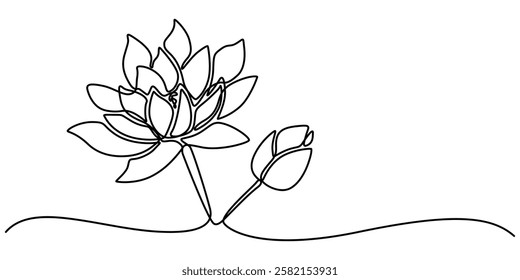 Lotus Water Lily Continuous Line Illustration, Lotus flower in single continuous line drawing style for logo or emblem. Water lily outline vector illustration for yoga studio, spa, zen center, minimal