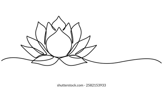 Lotus Water Lily Continuous Line Illustration, Lotus flower in single continuous line drawing style for logo or emblem. Water lily outline vector illustration for yoga studio, spa, zen center, minimal