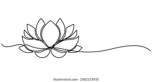 Lotus Water Lily Continuous Line Illustration, Lotus flower in single continuous line drawing style for logo or emblem. Water lily outline vector illustration for yoga studio, spa, zen center, minimal